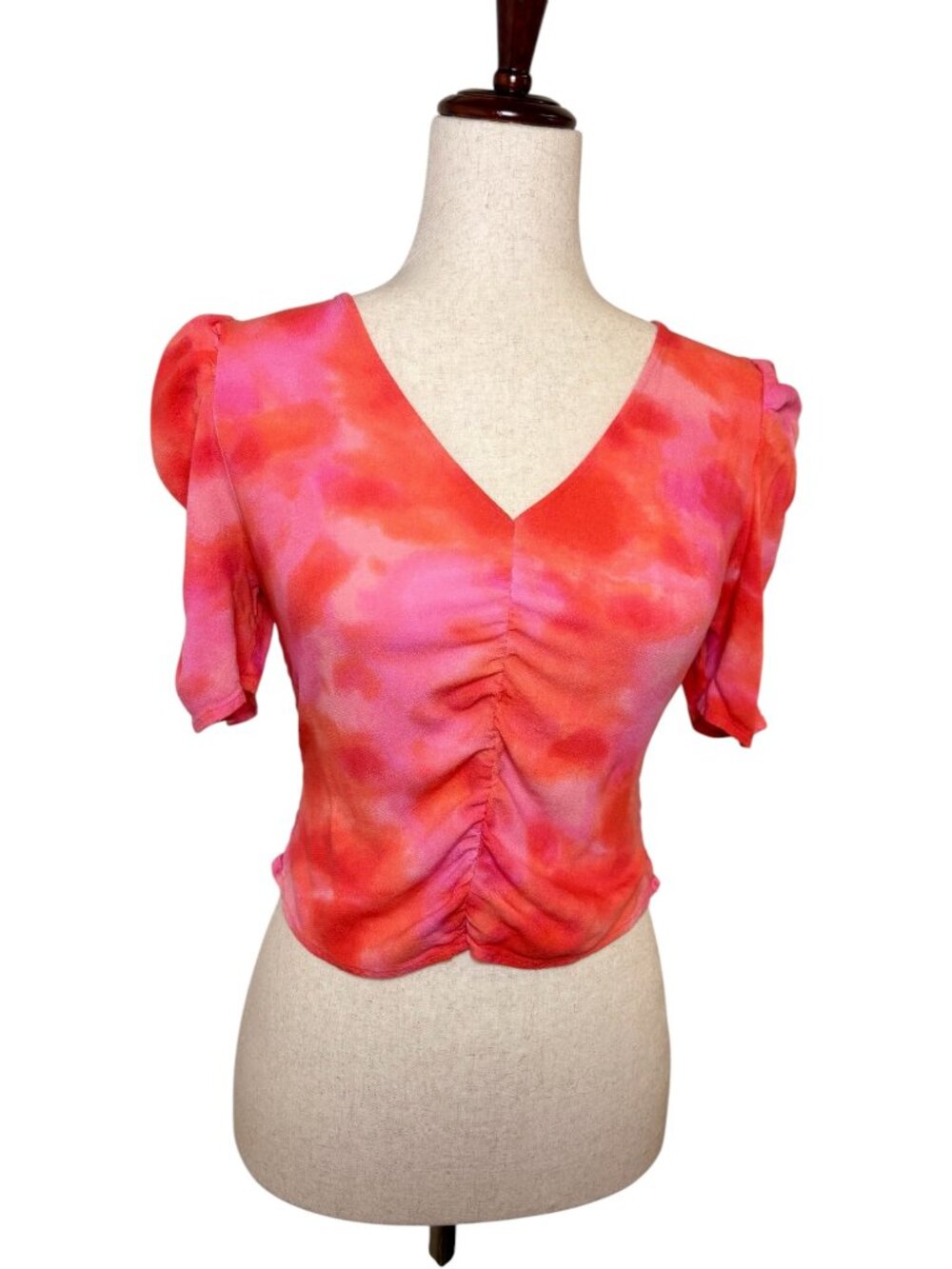Leith Pink Orange Tie Dye Ruched Puff Sleeve Crop Top Size Small